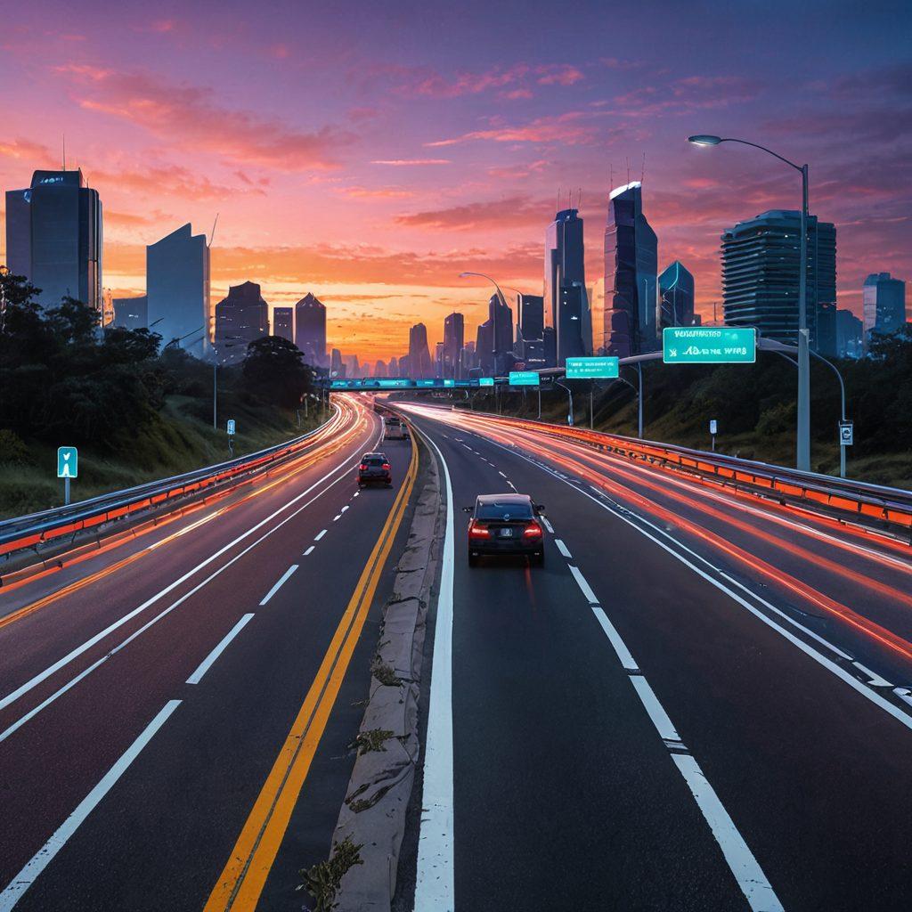 A serene highway scene with road signs emphasizing safety and caution, surrounded by soft, melancholic colors blending into a bright horizon. Incorporate silhouettes of individuals walking safely, symbolizing hope, alongside futuristic traffic management technology like smart signals and autonomous vehicles. The atmosphere should convey both calmness and a sense of positive change in traffic management. super-realistic. vibrant colors. digital art.