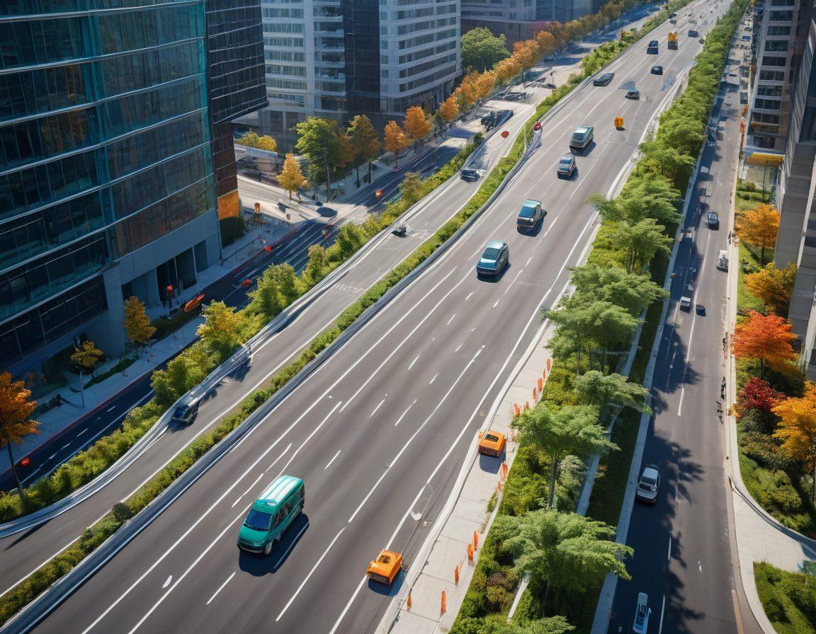 An aerial view of a modern roadway featuring innovative safety infrastructure elements like smart traffic signals, protective barriers, and green spaces. Show construction workers collaborating on site and advanced vehicles using the road, emphasizing resilience and safety. The backdrop includes a city skyline and vibrant vegetation along the roadside. super-realistic. vibrant colors. 3D.